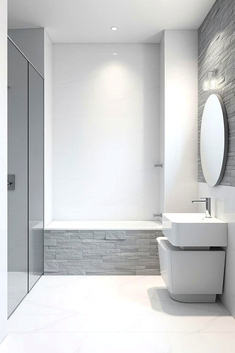 Bathroom with Contrasting Grey and White Textures - 24 Grey and White House Interior Design Ideas