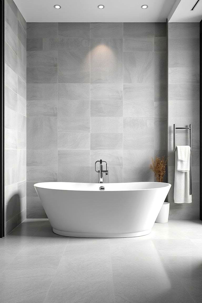 Bathroom with Freestanding Tub in a Grey and White Setting - 24 Grey and White House Interior Design Ideas