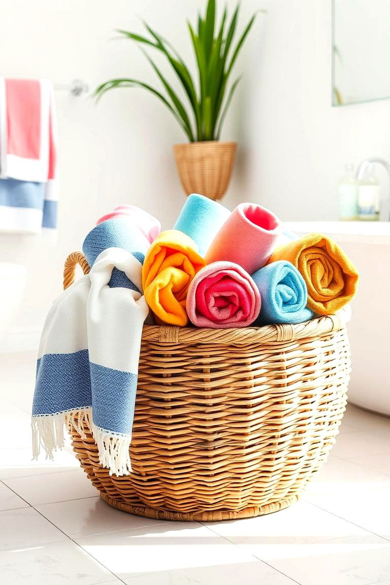 Beach Towels in a Woven Basket Casual Comfort - 24 Towel Display Ideas