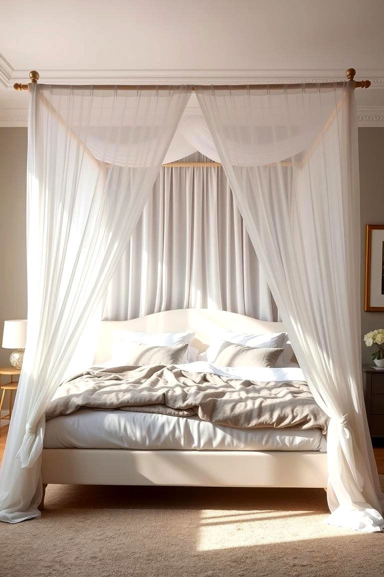 Bedroom with Canopy Bed in Grey and White - 24 Grey and White House Interior Design Ideas