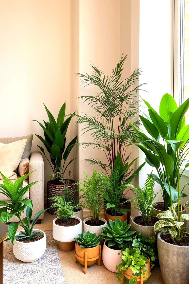 Beige Accents with Plant Decor - 24 Beige Living Room Ideas