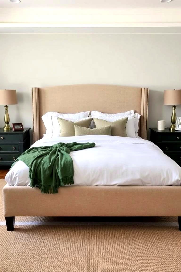 Beige Bed Frame with Green Nightstands - 24 Green and Beige Bedroom Ideas