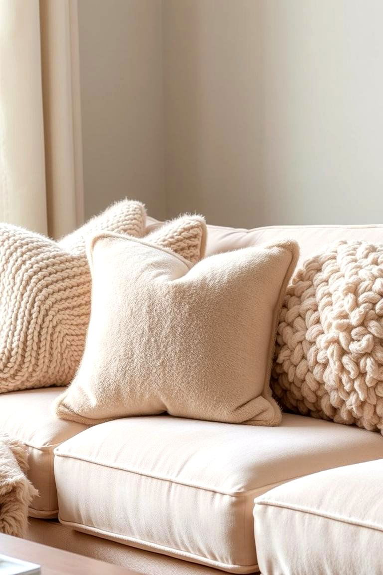 Beige Sofa with Textured Throw Pillows - 24 Beige Living Room Ideas