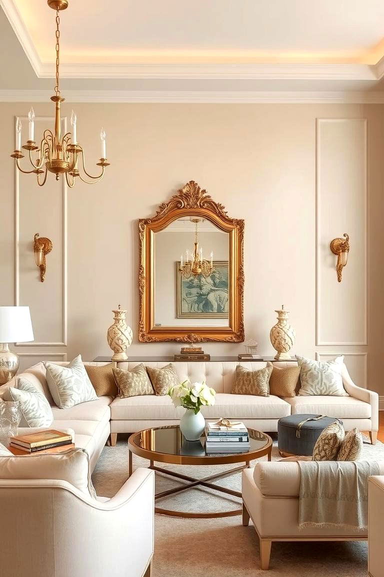 Beige Walls with Gold Accents - 24 Beige Living Room Ideas