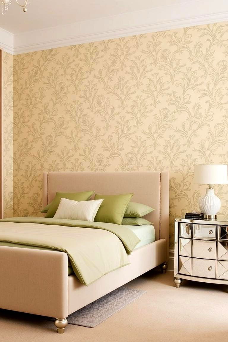 Beige and Green Patterned Wallpaper - 24 Green and Beige Bedroom Ideas