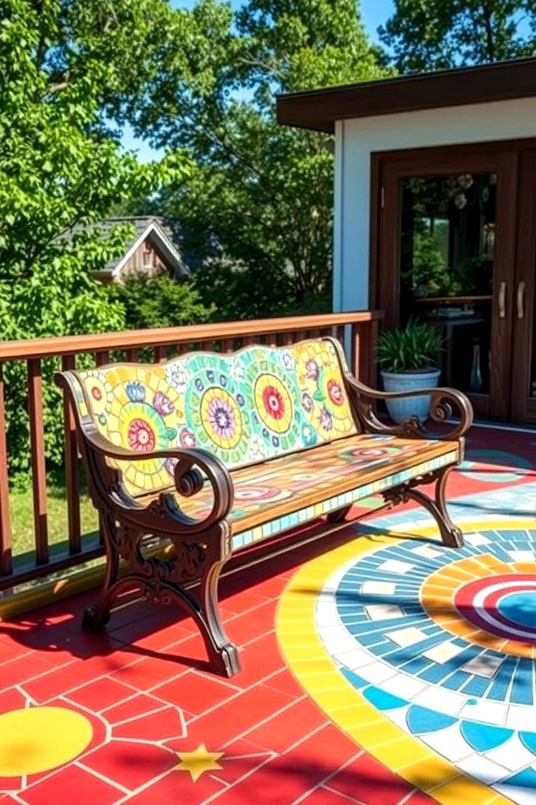 Bench with Artistic Mosaic Tile Design - 24 Built-in Deck Bench Ideas and Designs
