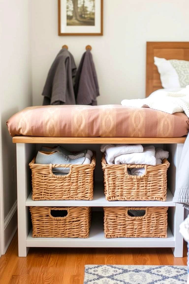 Bench with Baskets for Versatile Storage - 24 Bedroom Bench Ideas