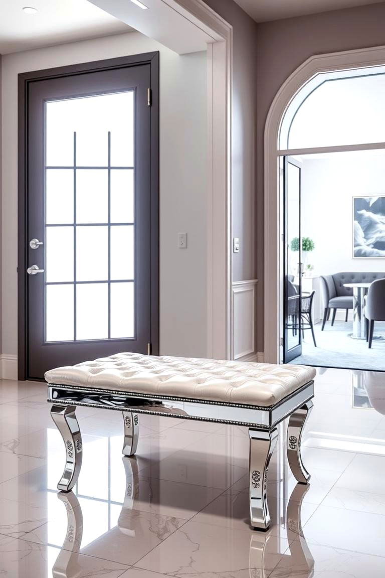 Bench with Mirrored Details - 24 Entryway Bench Ideas