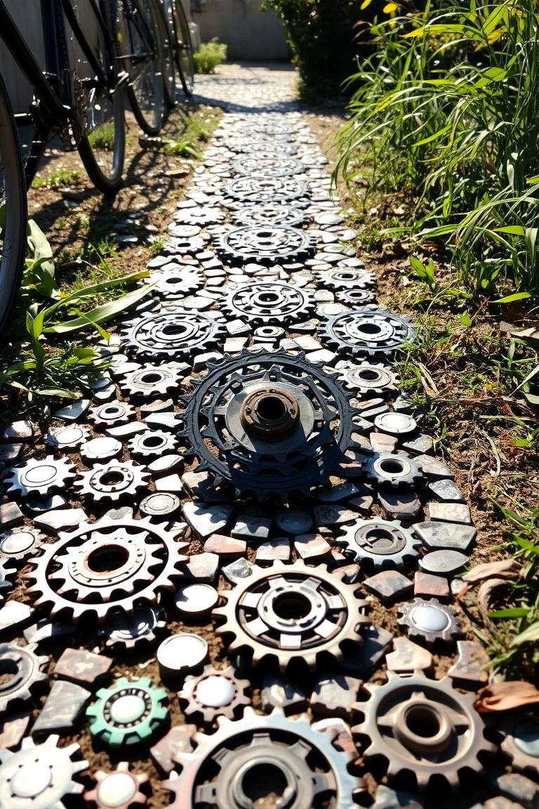 Bicycle Gear Mosaic Pathway - 24 Old Bicycle Garden Ideas