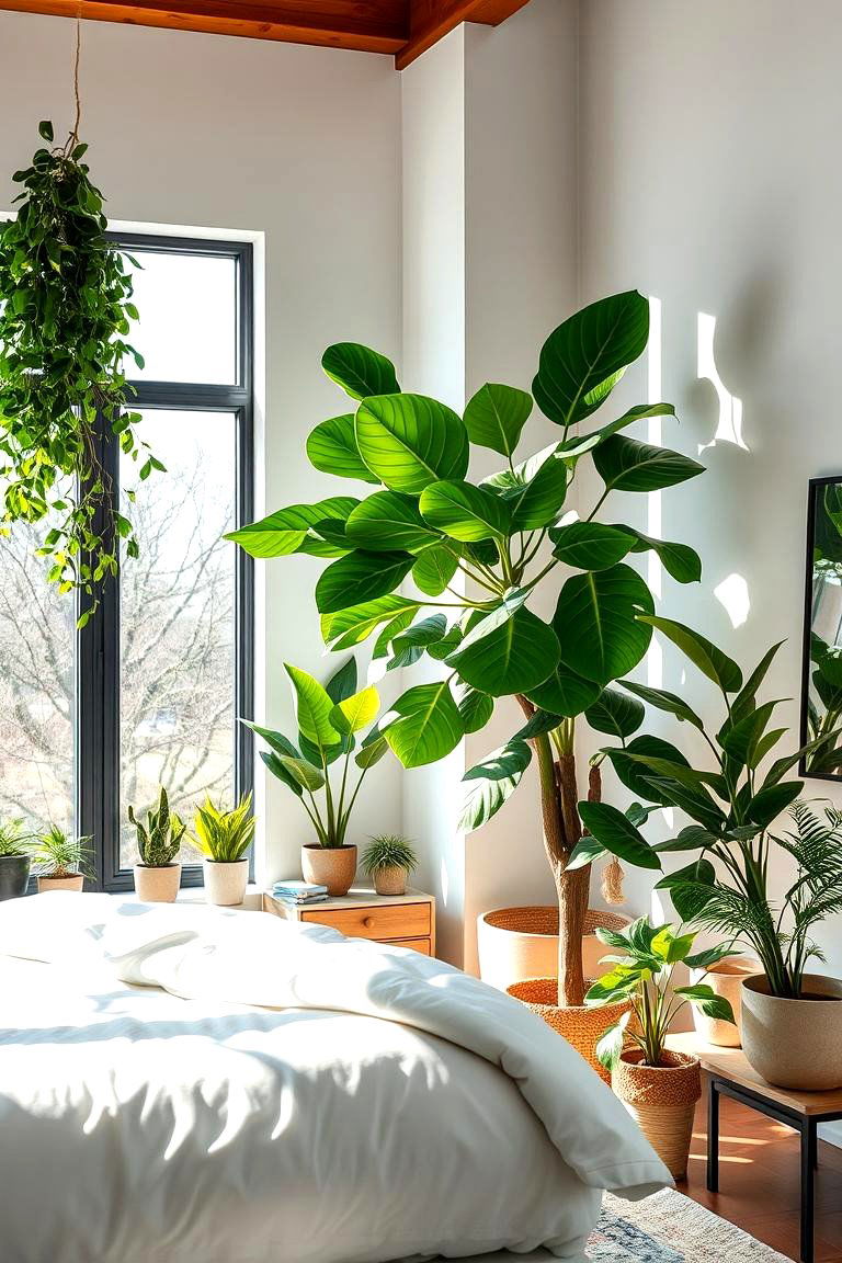 Biophilic Design Elements with Indoor Plants - 24 luxury modern bedroom ideas
