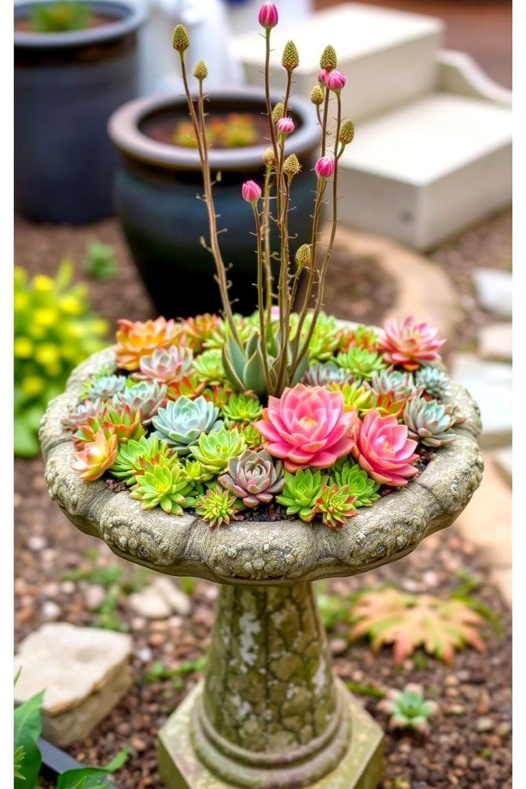 Birdbath Turned Planter - 24 Outdoor Succulent Container Ideas