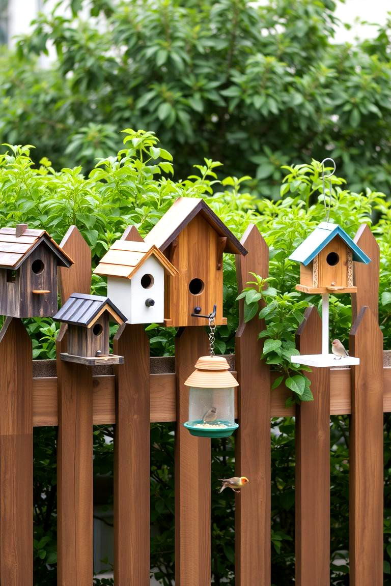 Birdhouse and Feeder Display - 24 Simple Fence Line Landscaping Ideas