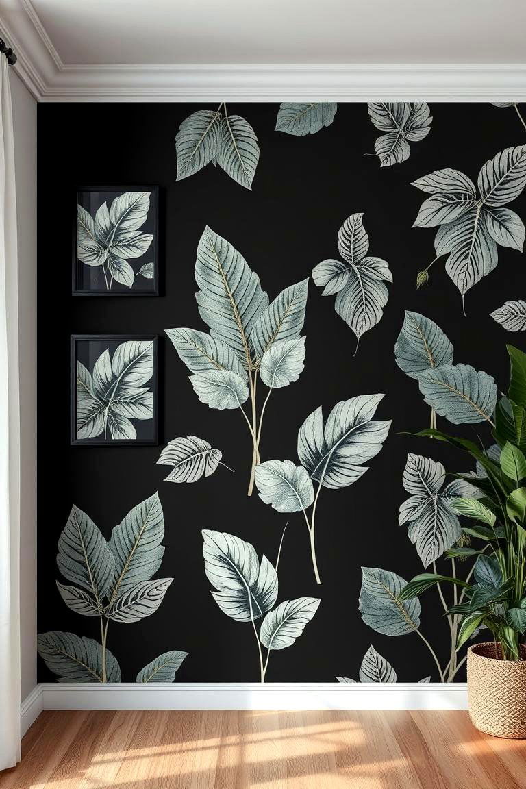 Black Accent Wall with Botanical Prints - 24 Black Accent Wall Ideas