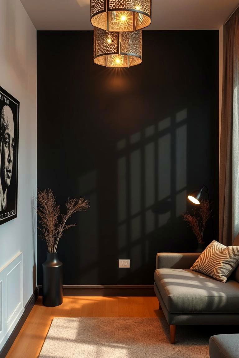 Black Accent Wall with Decorative Lighting - 24 Black Accent Wall Ideas
