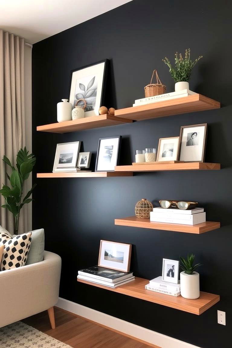 Black Accent Wall with Floating Shelves - 24 Black Accent Wall Ideas