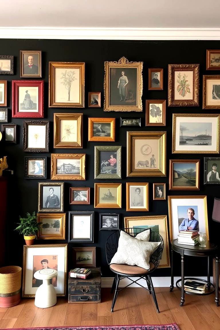 Black Accent Wall with Vintage Frames - 24 Black Accent Wall Ideas