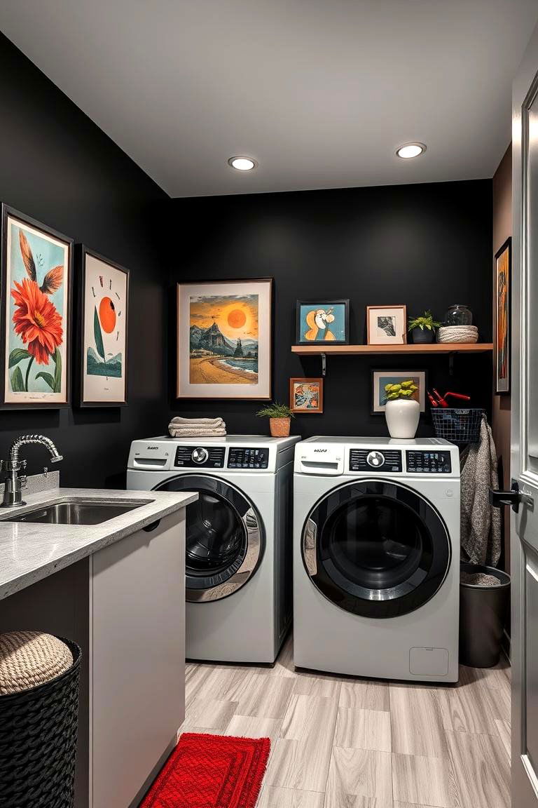Black Accent Walls with Art - 24 black laundry room ideas