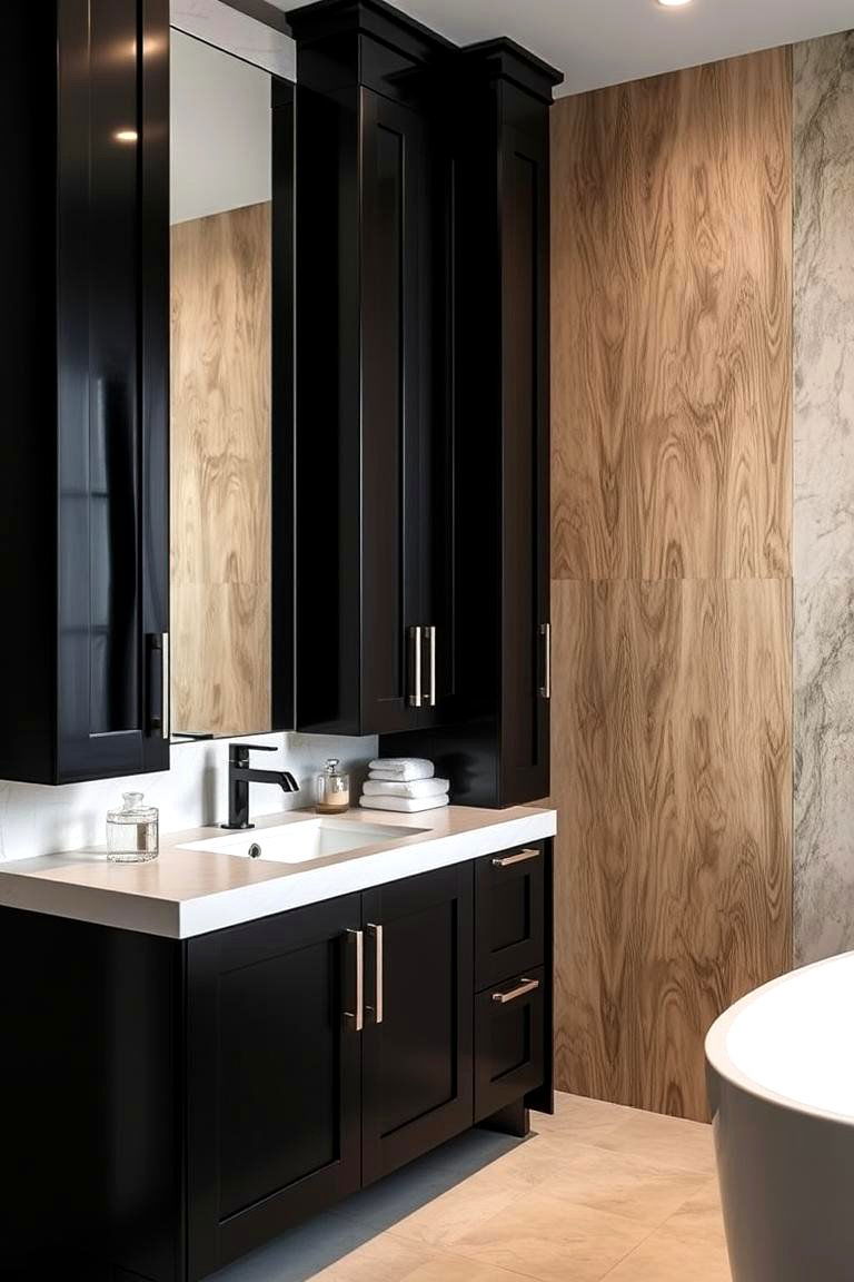 Black Accented Cabinets with Natural Wood Texture - 24 Black and Wood Bathroom Ideas
