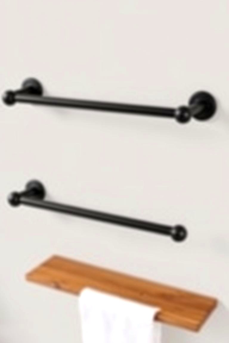 Black Accented Towel Bars and Wooden Ledge - 24 Black and Wood Bathroom Ideas