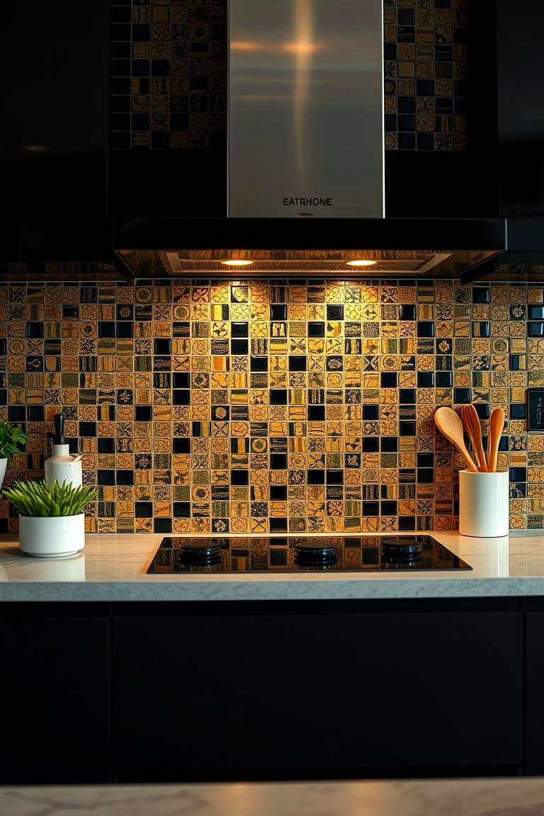Black Backsplash with Gold Mosaic Tiles - 24 Black and Gold Kitchen Ideas
