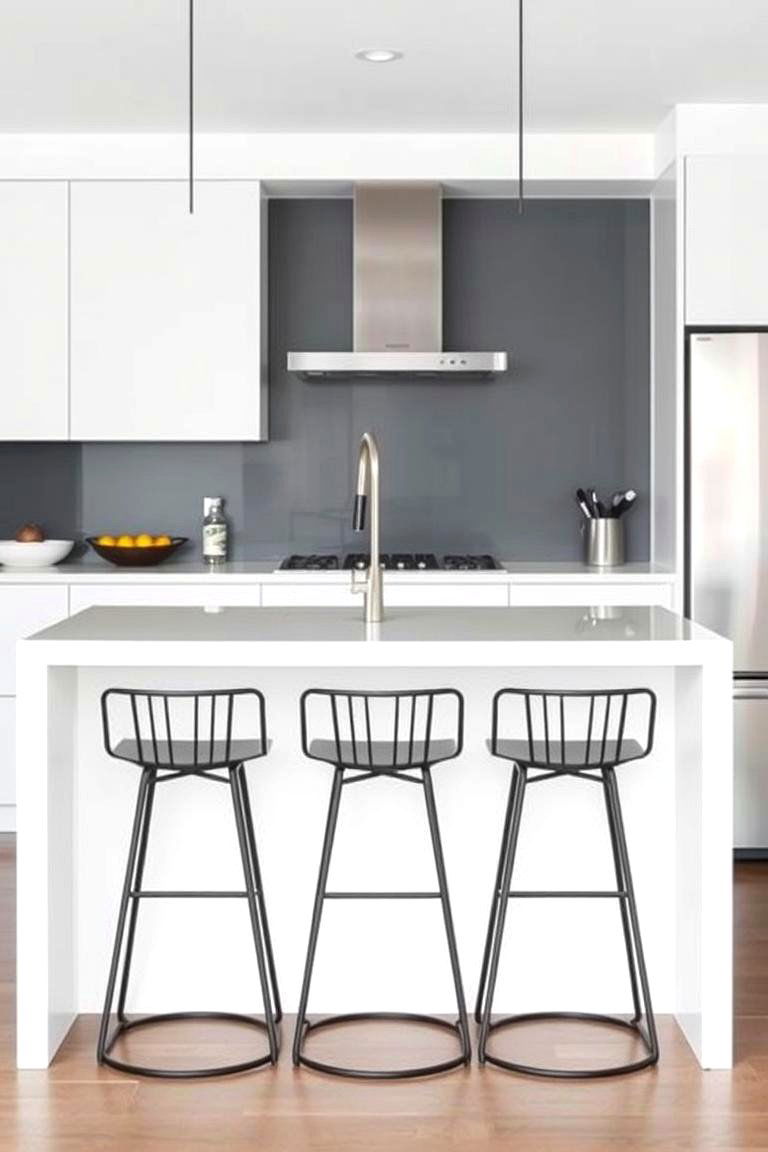 Black Bar Stools Around a White Kitchen Island - 24 White Kitchen with Black Appliances Ideas