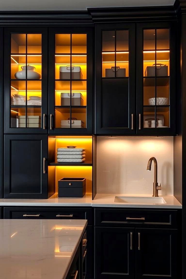 Black Cabinetry with Gold Interior Lighting - 24 Black and Gold Kitchen Ideas