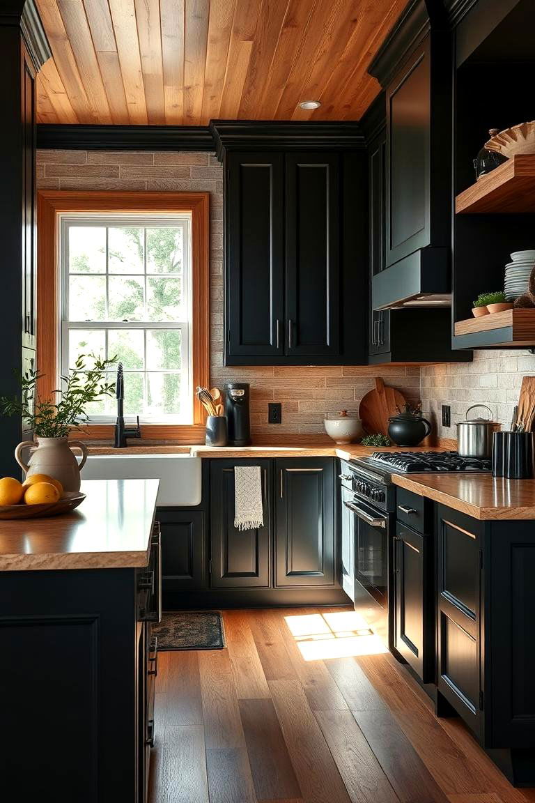 Black Cabinetry with Natural Wood Accents - 24 Black Kitchen Cabinet Ideas