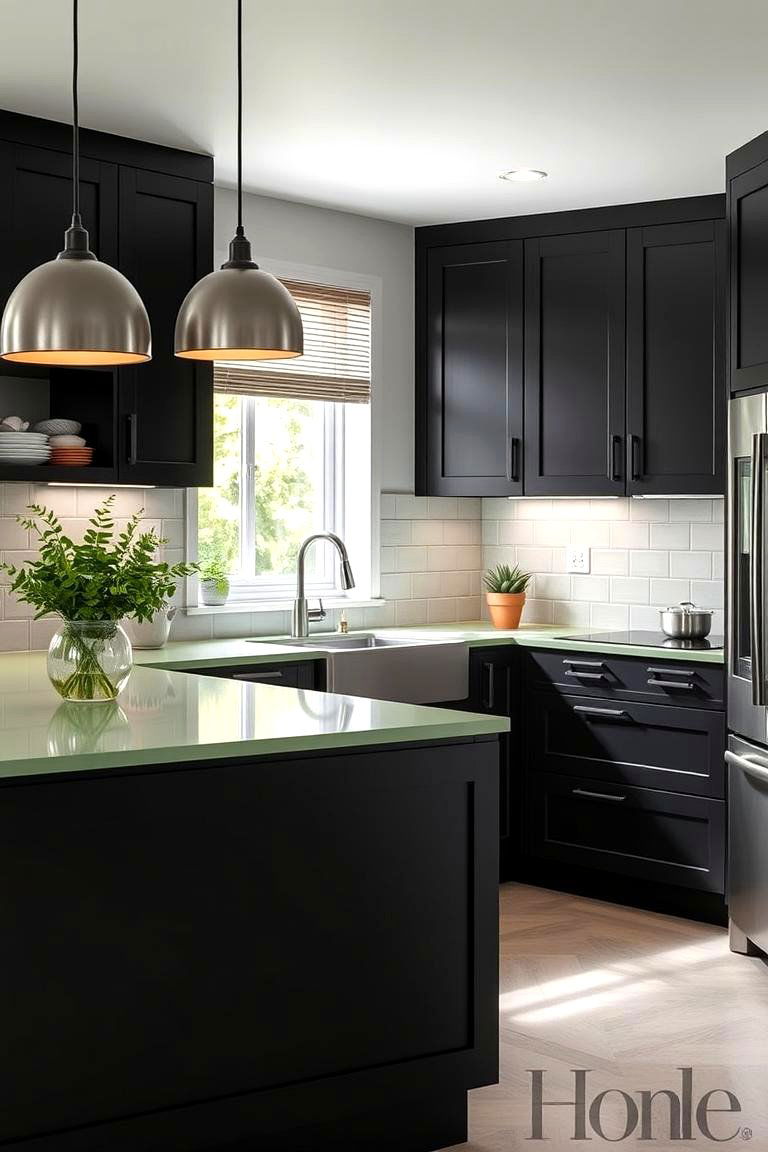 Black Cabinetry with Sage Green Countertops - 24 Sage Green and Black Kitchen Ideas