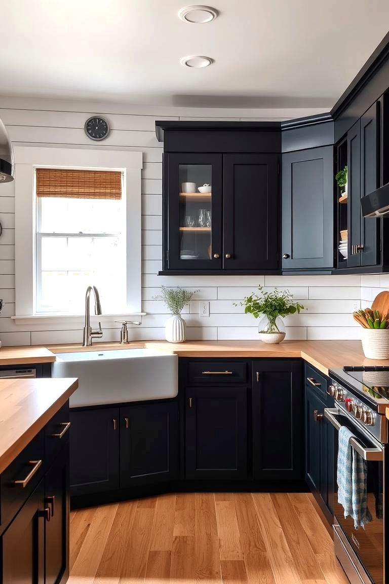Black Cabinets in a Farmhouse Inspired Kitchen - 24 kitchens with beautiful black cabinets
