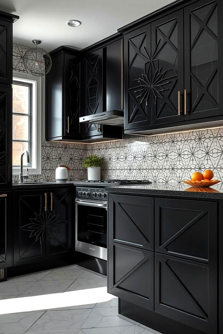 Black Cabinets with Bold Geometric Patterns - 24 Black Kitchen Cabinet Ideas