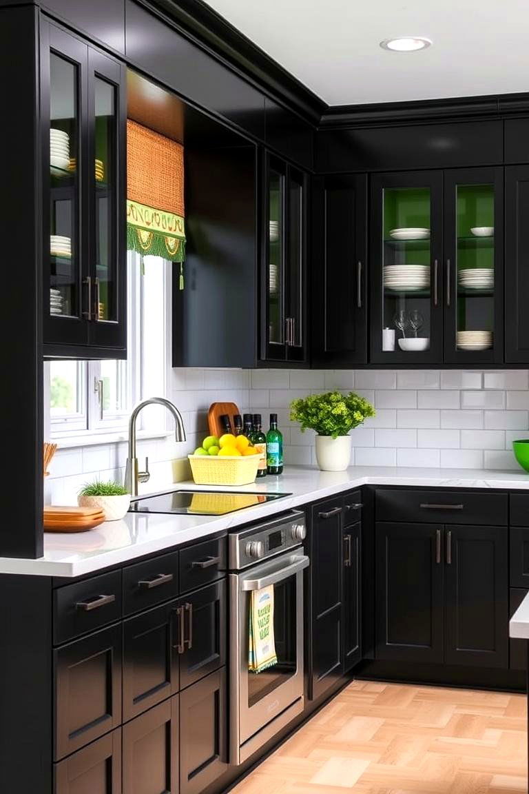 Black Cabinets with Bold Green Accents - 24 Kitchens With Black Cabinets