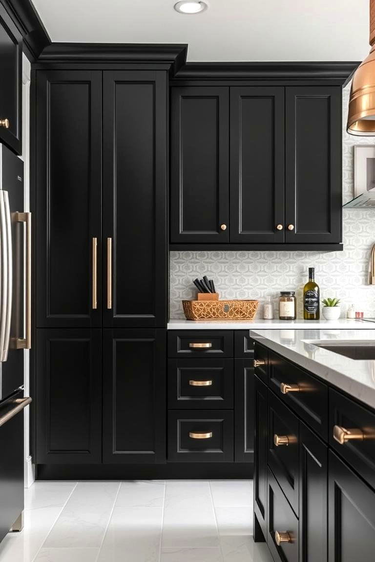 Black Cabinets with Contrasting Hardware - 24 Black Kitchen Cabinet Ideas