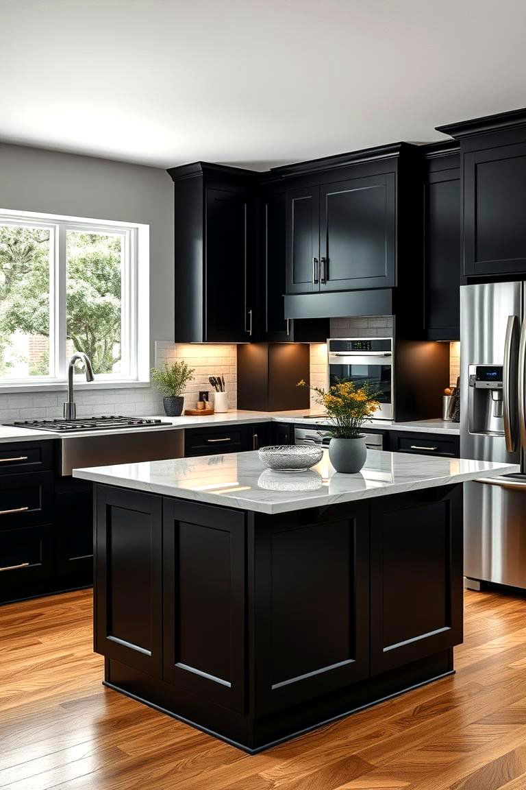 Black Cabinets with Contrasting Island Design - 24 Black Kitchen Cabinet Ideas