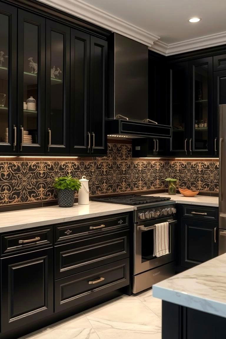 Black Cabinets with Decorative Inlays - 24 Black Kitchen Cabinet Ideas