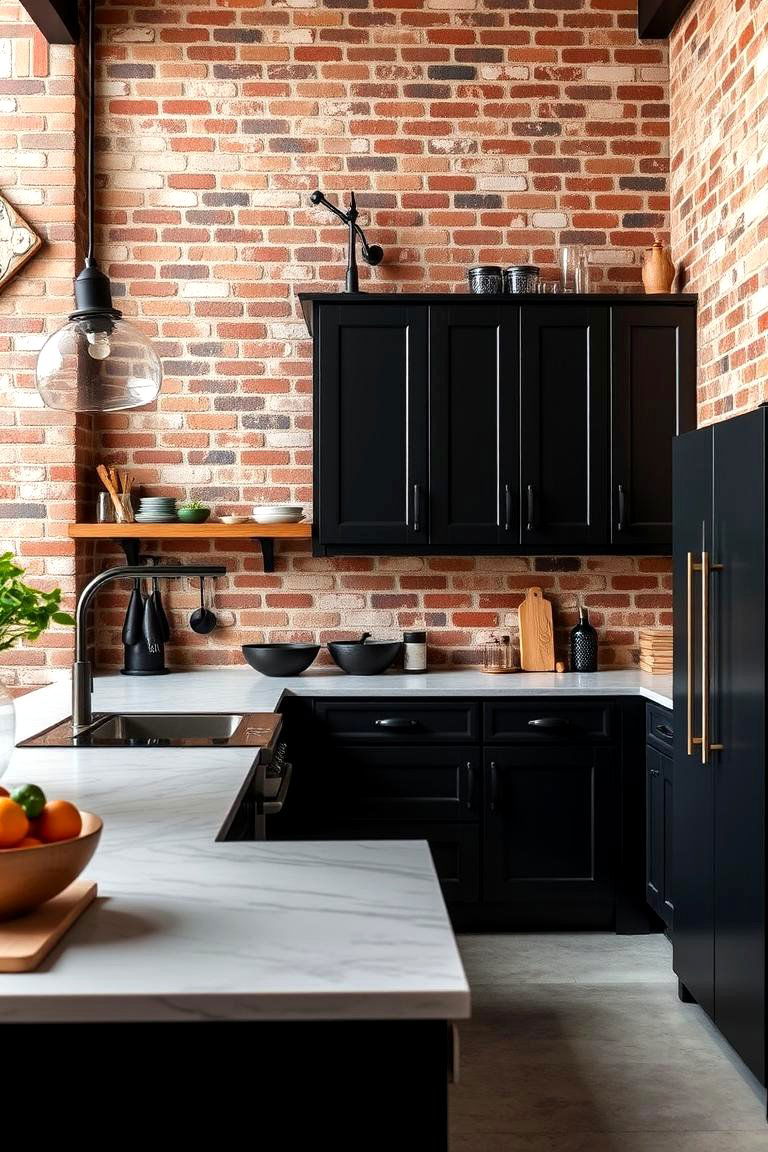 Black Cabinets with Exposed Brick Walls - 24 Kitchens With Black Cabinets