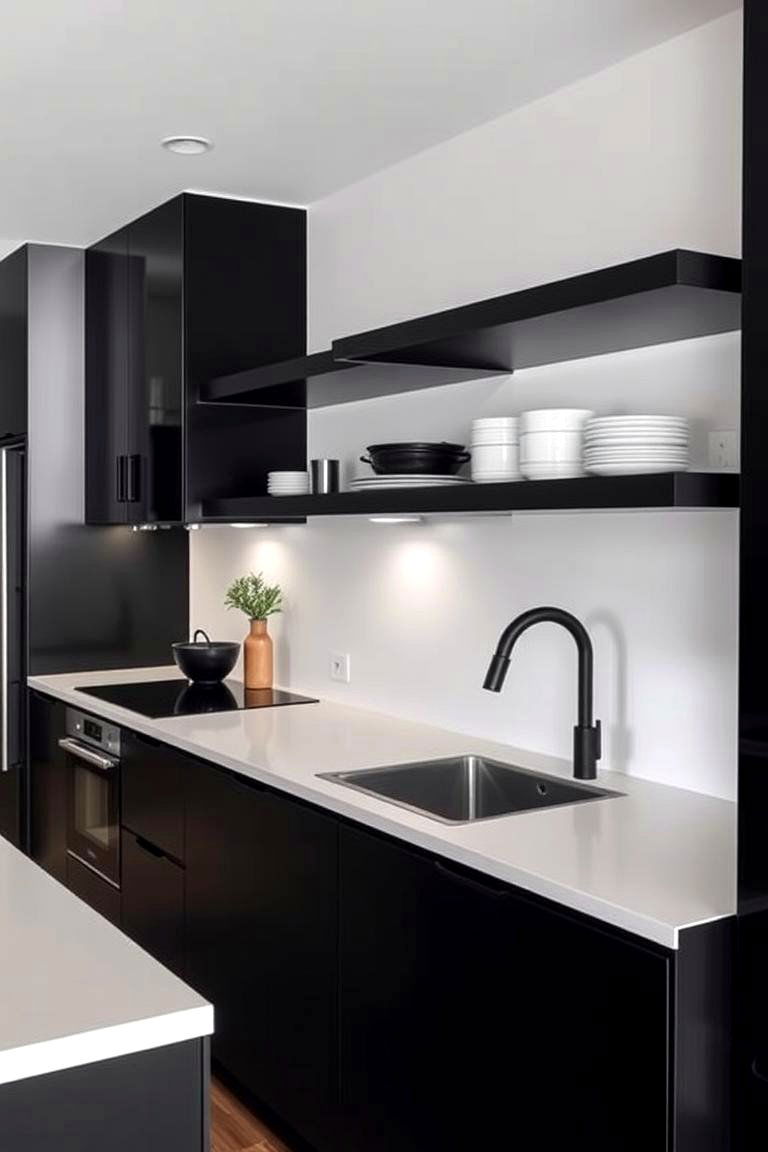 Black Cabinets with Floating Shelves - 24 Kitchens With Black Cabinets