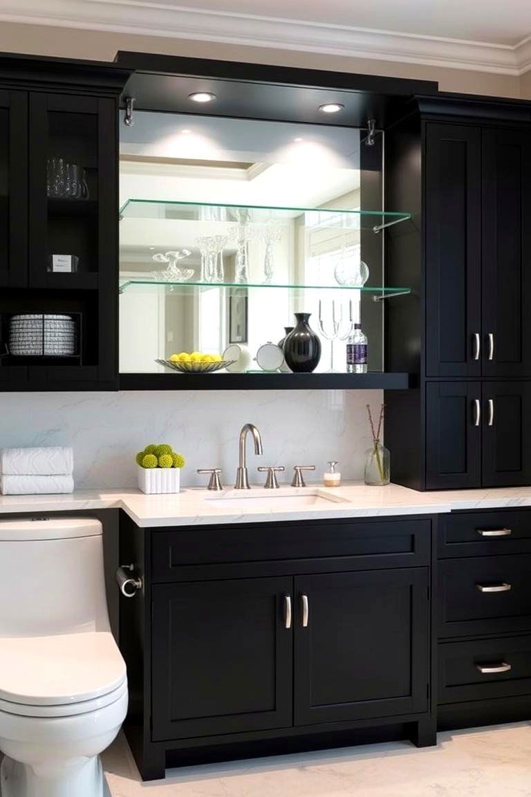 Black Cabinets with Glass Shelving - 24 bathroom with black cabinets ideas