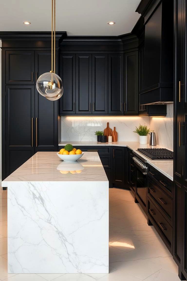 Black Cabinets with Marble Island - 24 Kitchens With Black Cabinets