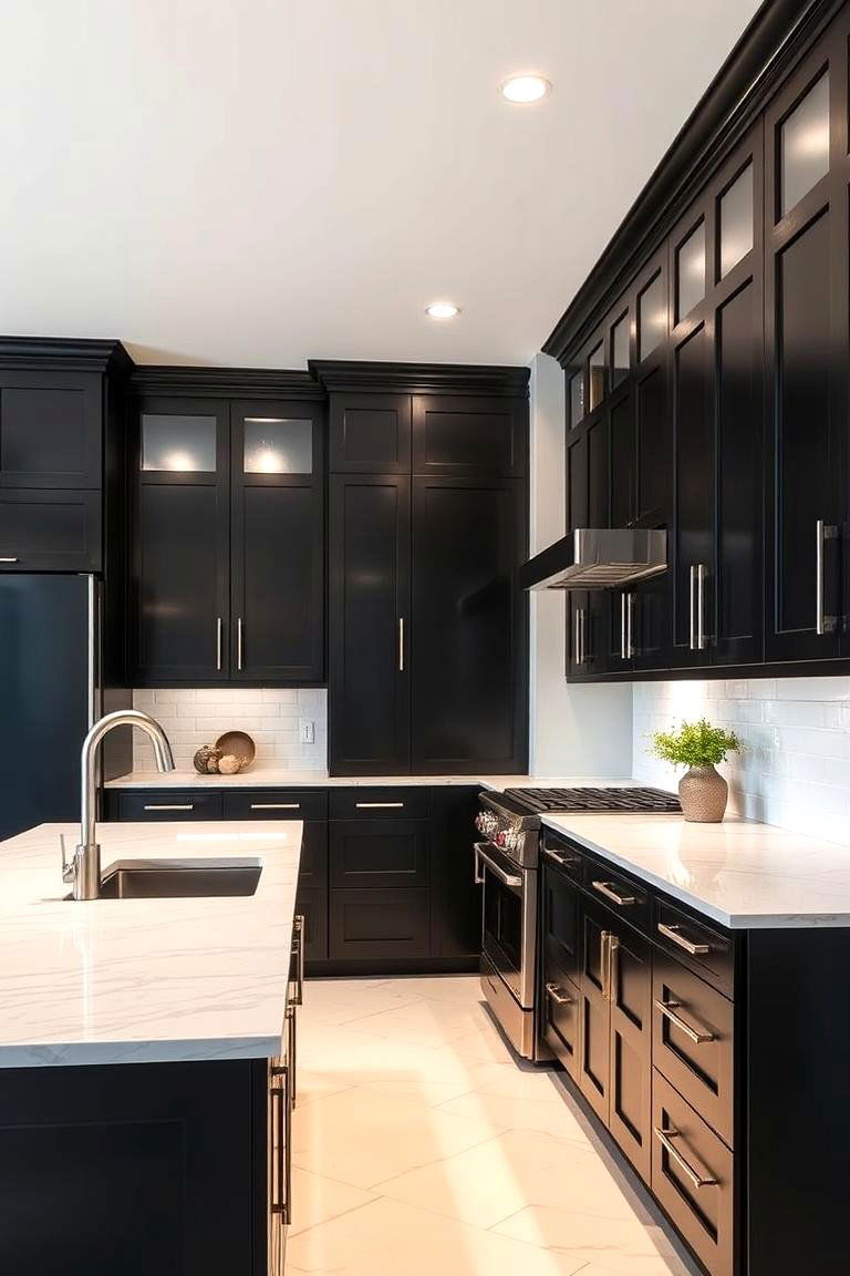 Black Cabinets with Metallic Accents - 24 Black Kitchen Cabinet Ideas