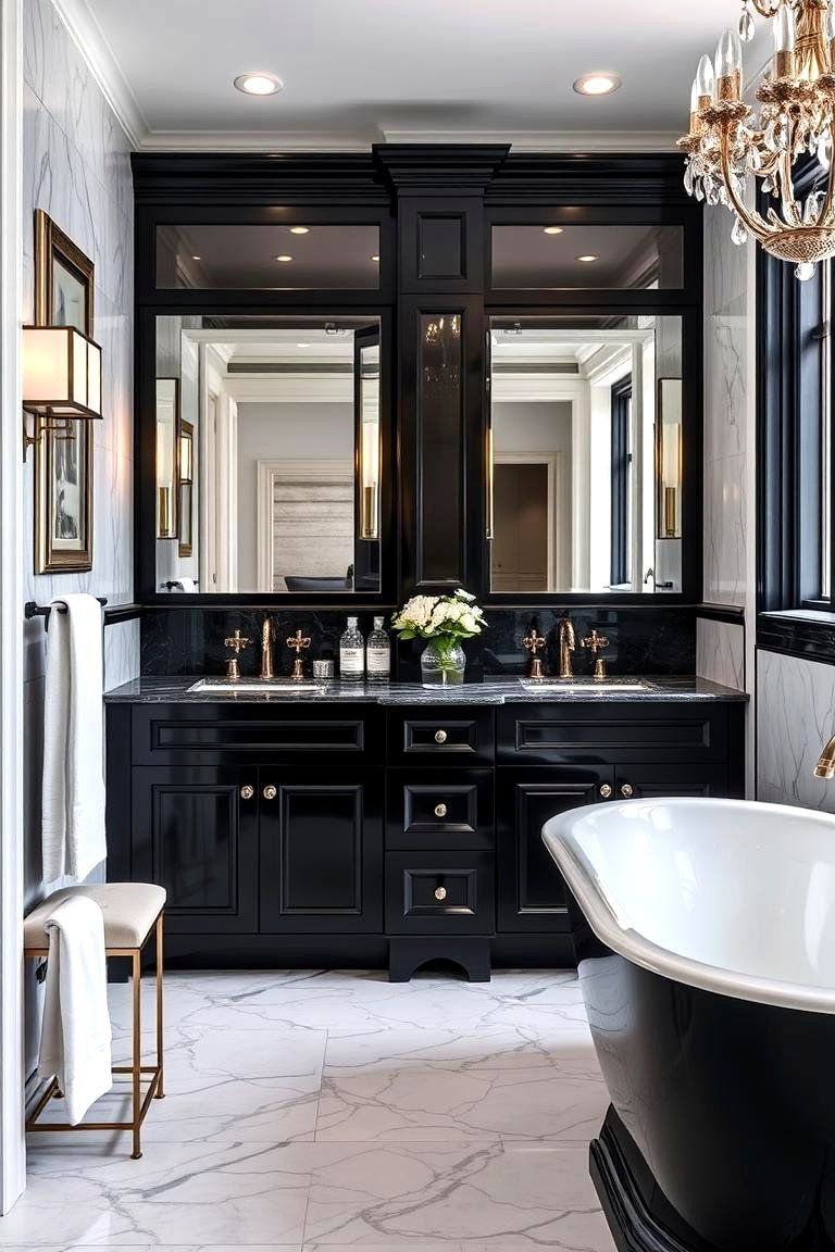 Black Cabinets with Mirrored Elements - 24 bathroom with black cabinets ideas