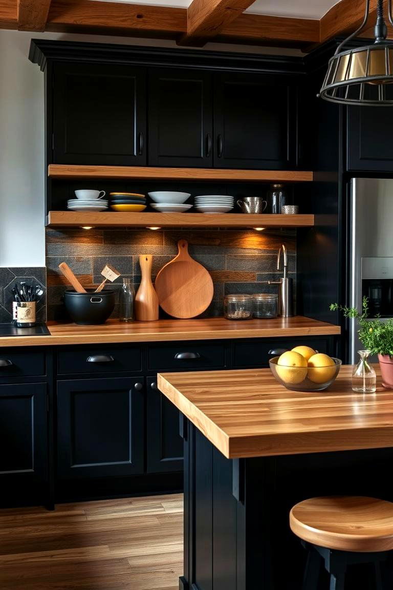 Black Cabinets with Natural Wood Accents - 24 Kitchens With Black Cabinets