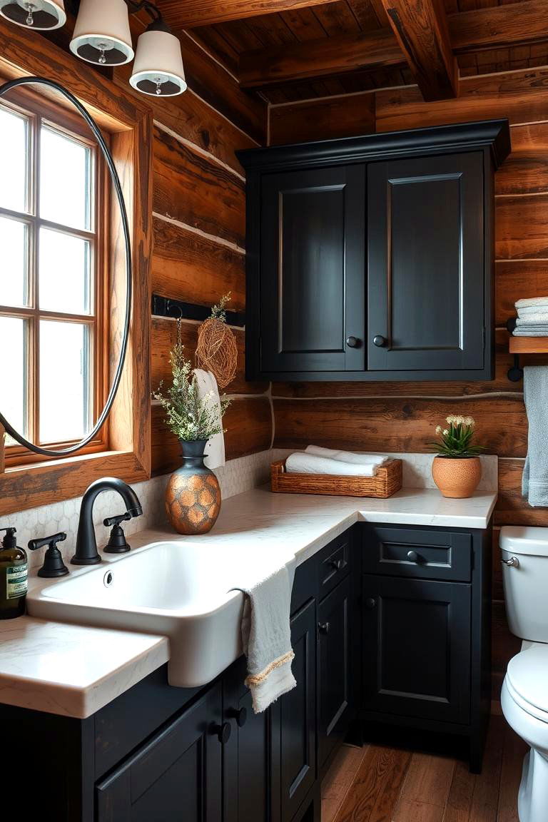 Black Cabinets with Warm Wood Accents - 24 bathroom with black cabinets ideas