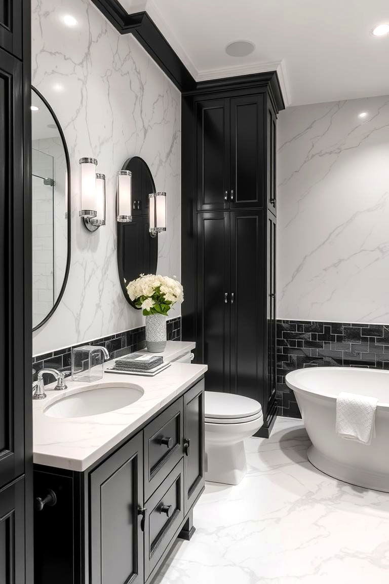 Black Cabinets with White Marble Floor Tiles - 24 bathroom with black cabinets ideas