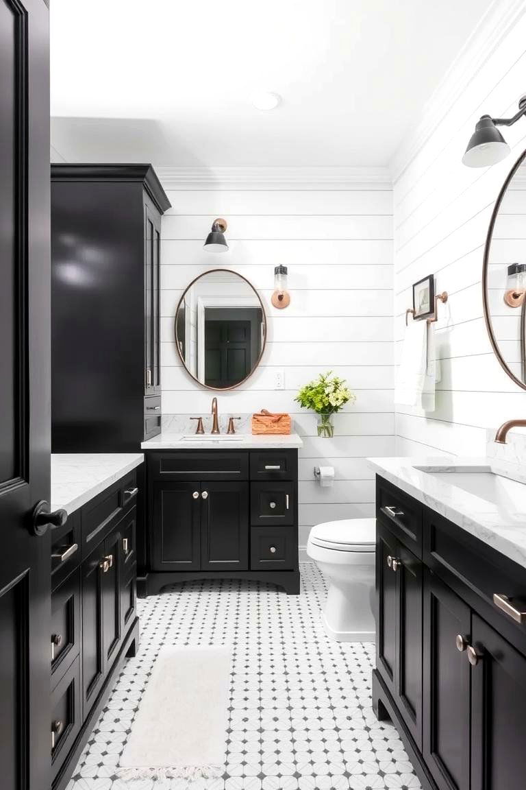 Black Cabinets with White Shiplap Walls - 24 bathroom with black cabinets ideas