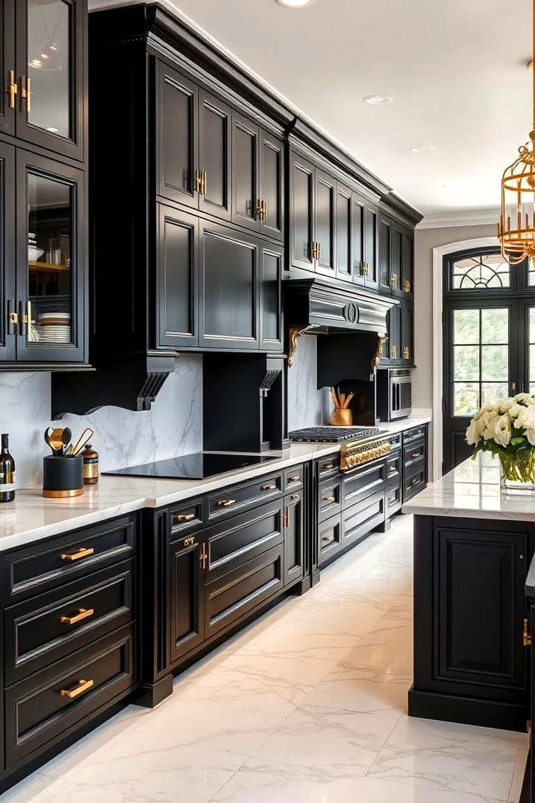 Black Cabinets with White and Gold Accents - 24 Kitchens With Black Cabinets