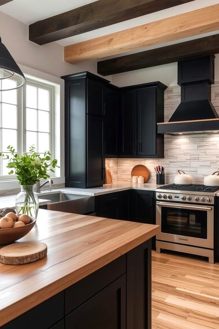Black Cabinets with Whitewashed Wood Elements - 24 Kitchens With Black Cabinets