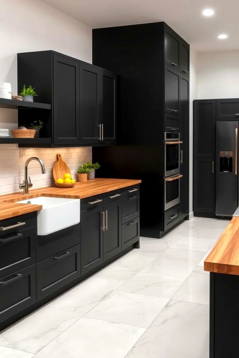 Black Cabinets with a Butcher Block Countertop - 24 kitchens with beautiful black cabinets