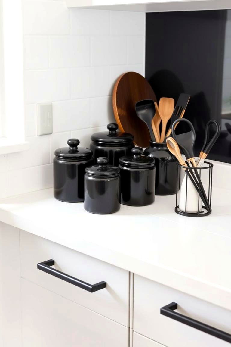 Black Canisters and Utensil Holders on White Countertops - 24 White Kitchen with Black Appliances Ideas