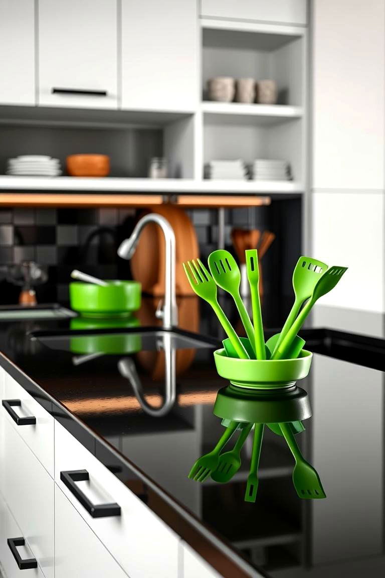 Black Countertops Paired with Green Kitchen Utensils - 24 Black and Green Kitchen Ideas