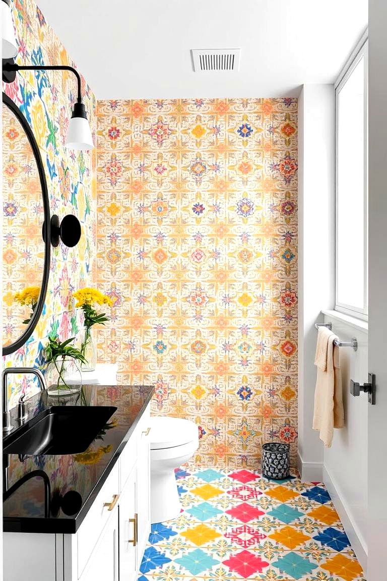 Black Countertops with Bold Colorful Tiles - 24 bathroom with black countertops ideas